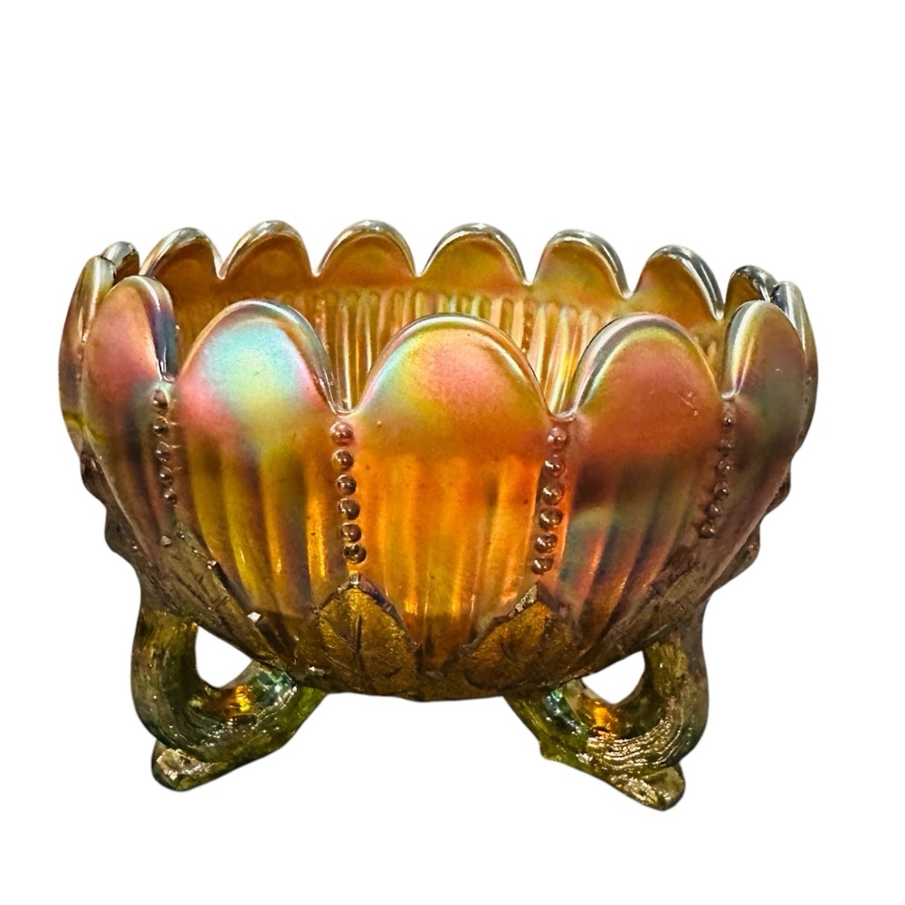 Vintage Northwood Aqua Opalescent Marigold Glass And Beads 3 Footed Rose Bowl